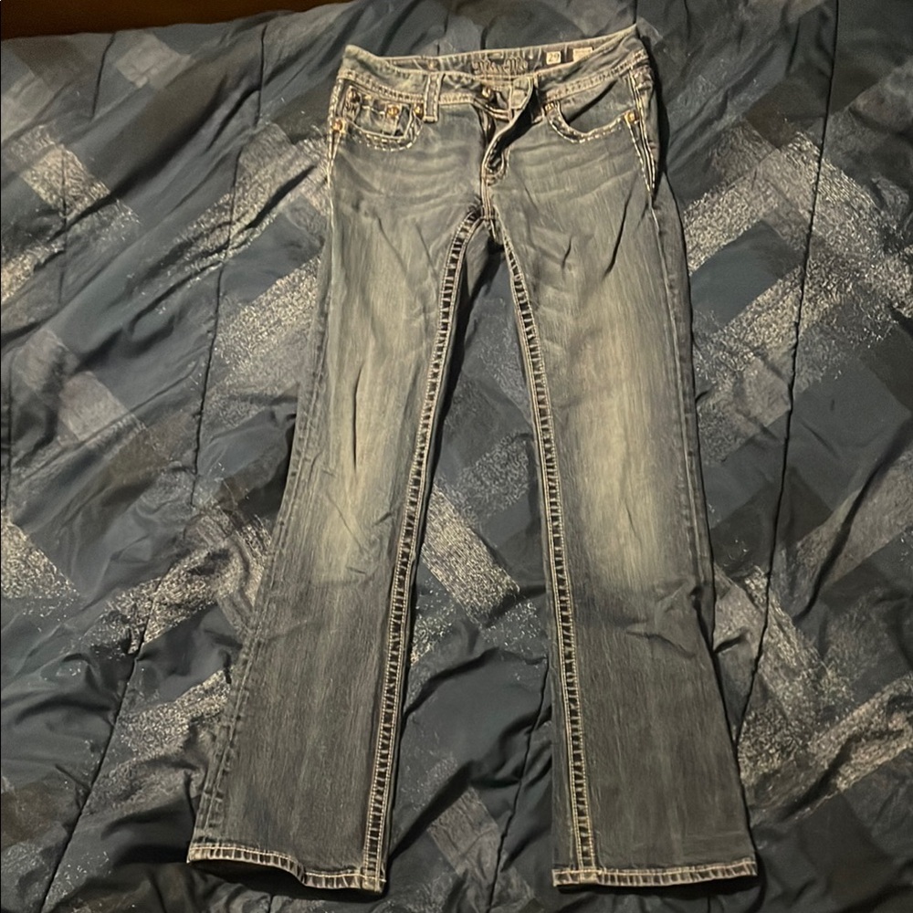 Miss Me Gray Straight Leg Jeans with Distressed Finish